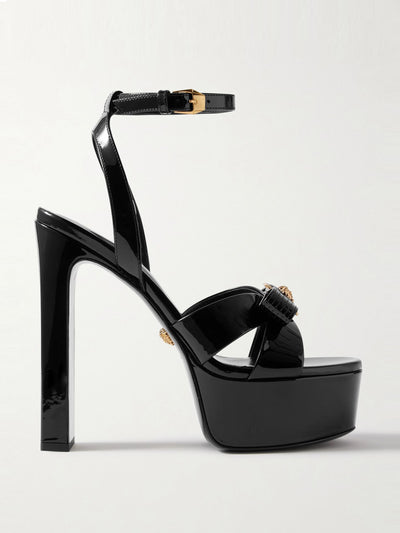 Versace Gianni Ribbon embellished patent-leather platform sandals at Collagerie