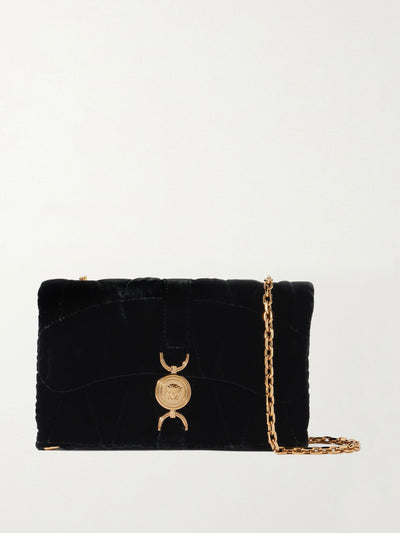 Versace Kleio mini quilted velvet shoulder bag at Collagerie