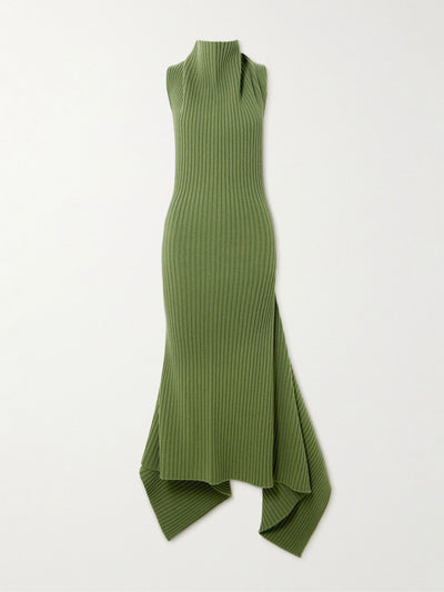 Victoria Beckham Asymmetric gathered ribbed wool-blend midi dress at Collagerie