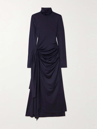 Victoria Beckham Gathered draped jersey turtleneck midi dress at Collagerie