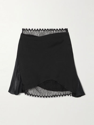 Victoria Beckham Pleated lace and chiffon-trimmed satin-crepe mini skirt at Collagerie