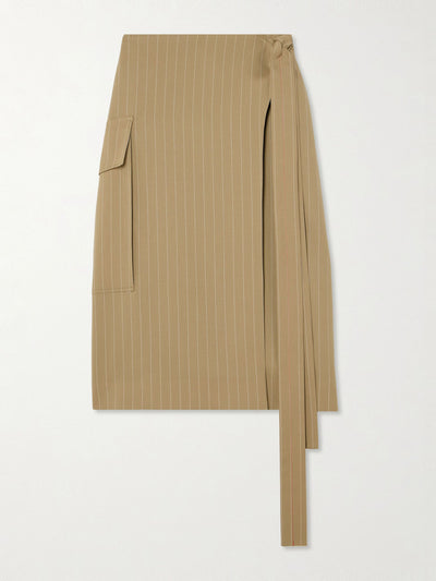 Victoria Beckham Tie-detailed pinstriped wool-twill midi wrap skirt at Collagerie