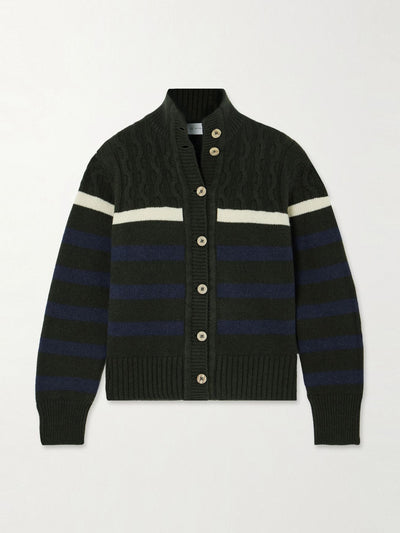 We Norwegians Nordkapp striped cable-knit merino wool and cashmere-blend cardigan at Collagerie