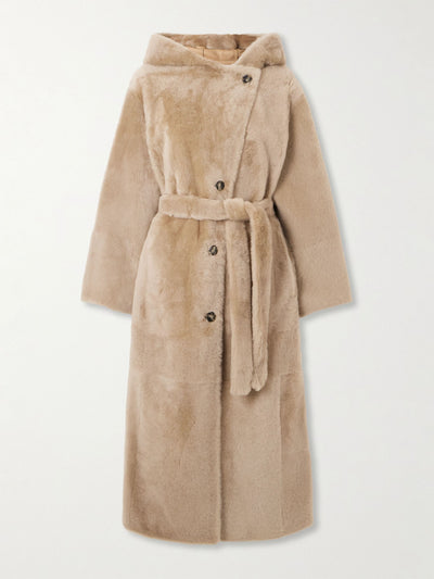 Yves Salomon Hooded belted shearling coat at Collagerie