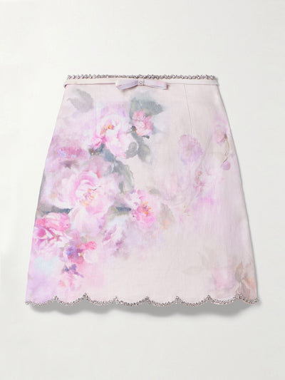 Zimmermann Crush crystal-embellished floral-print linen mini skirt at Collagerie