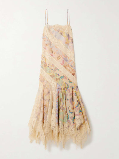 Zimmermann Eden asymmetric pleated cotton-blend lace and printed linen and silk-blend dress at Collagerie