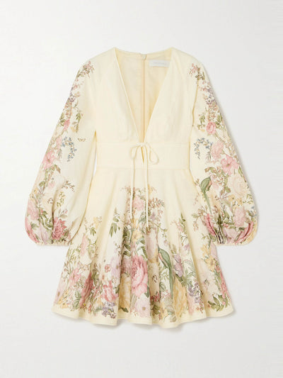 Zimmermann Waverly Plunge tie-detailed floral-print linen minidress at Collagerie