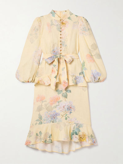 Zimmermann Illuminate belted ruffled floral-print linen midi dress at Collagerie