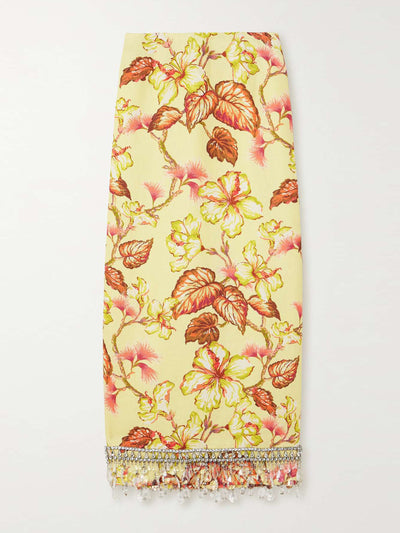 Zimmermann Matchmaker crystal-embellished floral-print linen midi skirt at Collagerie