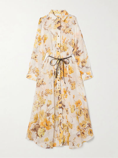 Zimmermann Ottie belted leather-trimmed floral-print ramie midi shirt dress at Collagerie