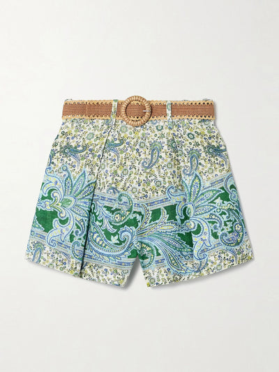 Zimmermann Ottie belted pleated printed linen shorts at Collagerie