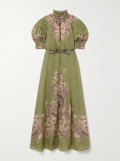 Zimmermann Ottie belted leather-trimmed floral-print ramie maxi dress at Collagerie