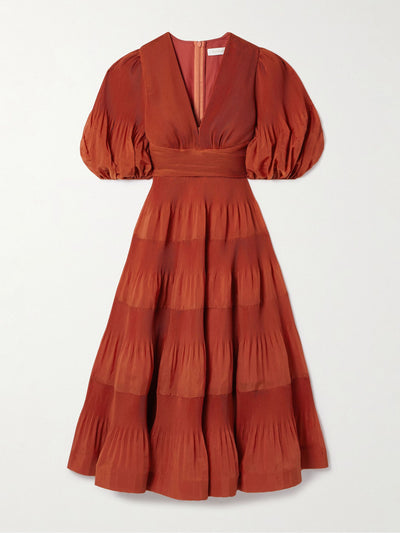 Zimmermann Tiered plissé-taffeta midi dress at Collagerie