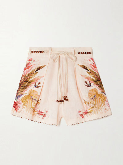 Zimmermann Ascension belted bead-embellished floral-print linen shorts at Collagerie
