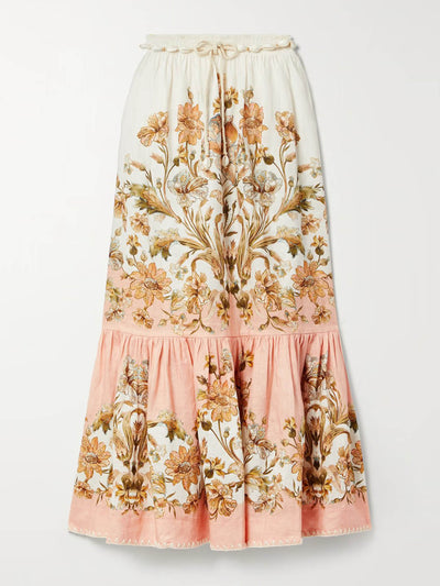 Zimmermann Chintz belted tiered floral-print linen midi skirt at Collagerie