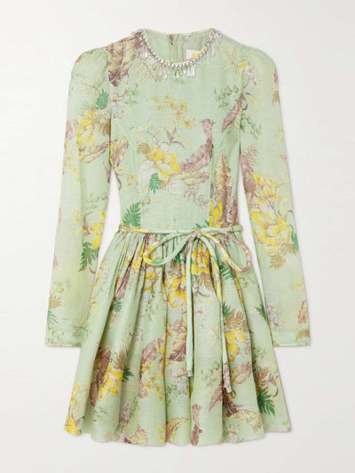Zimmermann Crystal-embellished belted floral-print linen and silk-blend mini dress at Collagerie