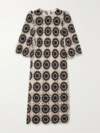 Zimmermann Cream and black scalloped crocheted cotton-blend midi dress at Collagerie