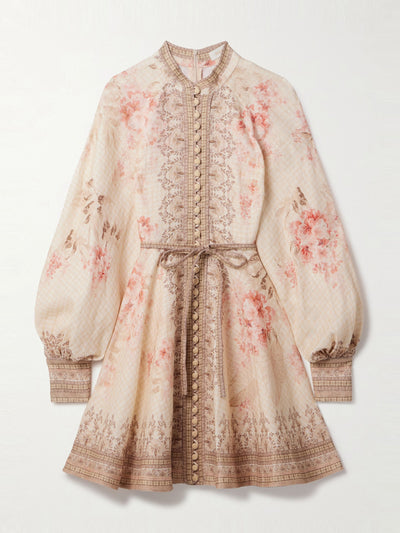 Zimmermann Illuminate belted printed linen mini dress at Collagerie
