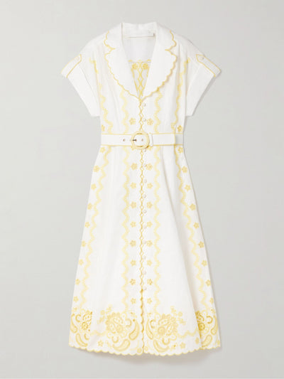 Zimmermann Lucky belted broderie anglaise linen midi shirt dress at Collagerie