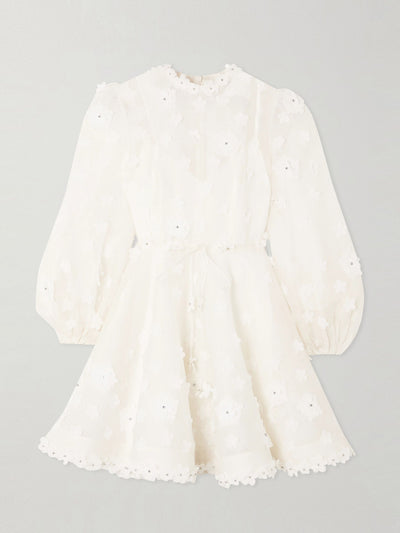 Zimmermann Embellished appliquéd linen and silk-blend mini dress at Collagerie