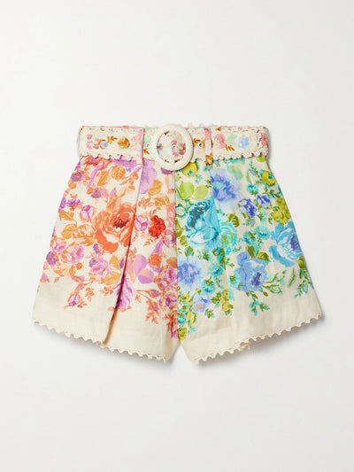 Zimmermann Multicoloured floral print crochet-trimmed belted shorts at Collagerie