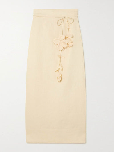 Zimmermann Cream belted appliquéd linen midi skirt at Collagerie