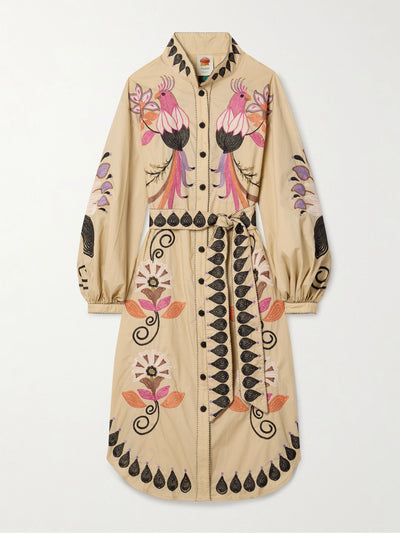 Farm Rio Belted embellished embroidered cotton midi shirt dress at Collagerie