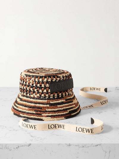 Loewe Paula'S Ibiza Leather and webbing-trimmed striped raffia bucket hat at Collagerie