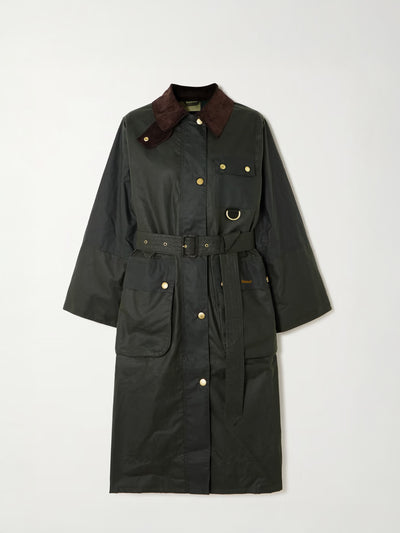 Barbour Milda corduroy-trimmed waxed-cotton trench coat at Collagerie