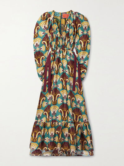 La DoubleJ Biennale gathered printed silk-twill maxi dress at Collagerie