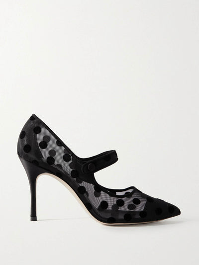 Manolo Blahnik Campari 90 polka-dot mesh Mary Jane pumps at Collagerie