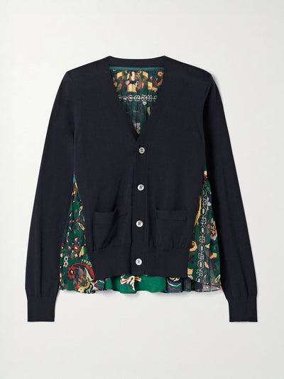 Sacai Paneled cotton, printed satin and pleated chiffon cardigan at Collagerie