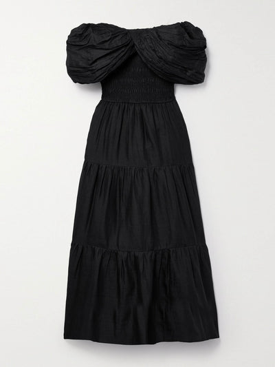 Sea Black off-the-shoulder gathered ramie midi dress at Collagerie