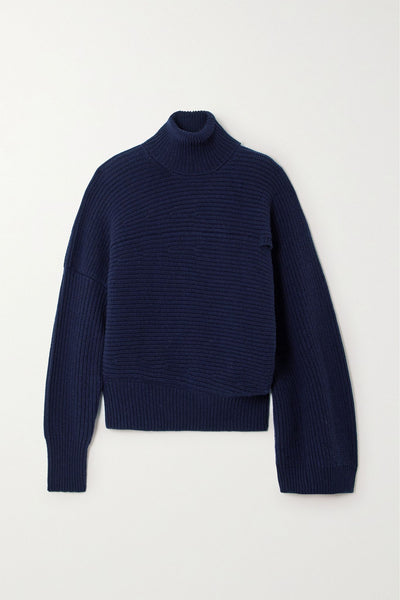 Stella Mccartney Navy cape-effect ribbed recycled cashmere and wool-blend turtleneck sweater at Collagerie