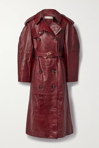 Ulla Johnson Burgundy belted double-breasted leather trench coat at Collagerie