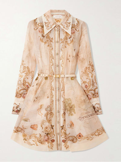 Zimmermann Belted printed linen and silk-blend mini dress at Collagerie