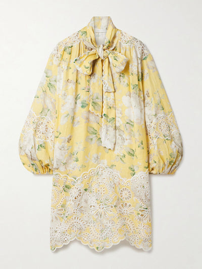 Zimmermann Acacia tie-neck broderie anglaise-trimmed floral-print linen mini dress at Collagerie