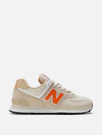 New Balance Bone with orange 574 trainers at Collagerie