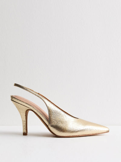 New Look Gold leather-look slingback stiletto heel court shoes at Collagerie