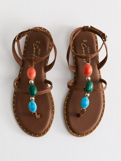 New Look Tan faux leather stone embellished sandals at Collagerie