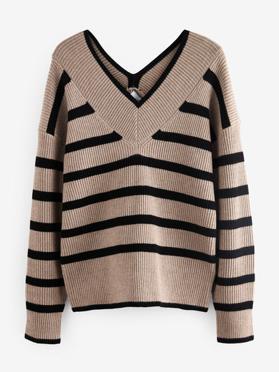 Next Neutral relaxed fit ribbed v-neck knitted jumper at Collagerie