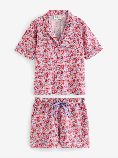 Cath Kidston Pink and blue floral print 100% cotton poplin button through pyjama shorts set at Collagerie