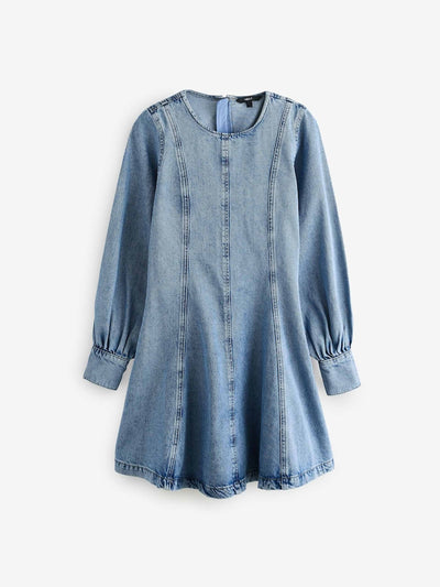 Next Mid blue long sleeve seam detail denim dress at Collagerie