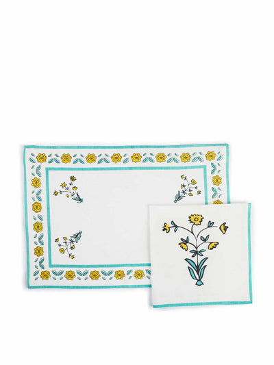 Nina Campbell Set of four placemat & napkin teal flowers at Collagerie