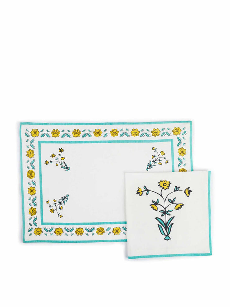 Set of four placemat & napkin teal flowers  Nina Campbell    - Collagerie