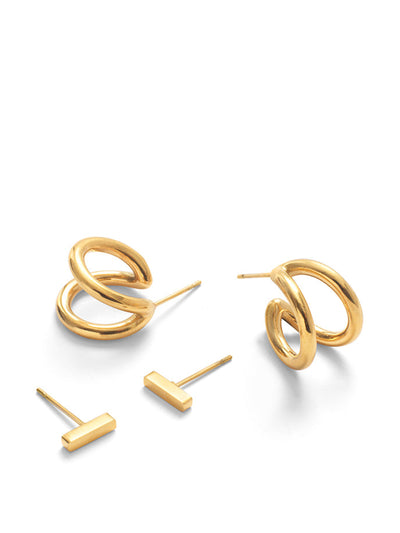 Nobody's Child Gold double huggie hoops & bar stud earrings at Collagerie