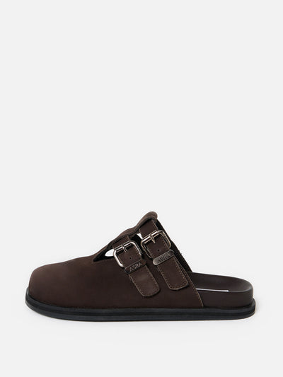 Oliver Bonas Asra Neptune dark brown leather clogs at Collagerie