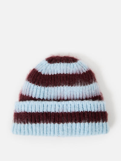 Oliver Bonas Blue & burgundy striped fluffy knitted beanie hat at Collagerie