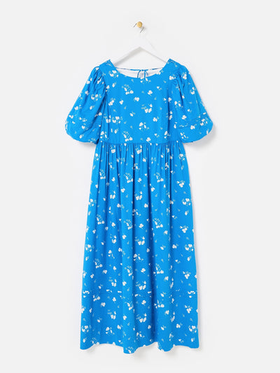 Oliver Bonas Blue & white floral puff sleeve midi dress at Collagerie