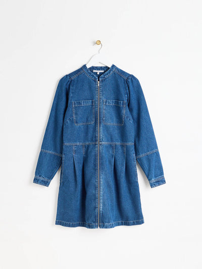 Oliver Bonas Blue denim collarless zip front mini dress at Collagerie